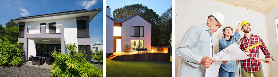 Bildcollage: Modernes, weißes Haus mit Balkon, beleuchtetes weißes Haus mit Holzterrasse in der Abenddämmerung, Architekt und eine Frau mit Mann im Innenraum eines Neubaus